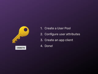 COGNITO
🔑
1. Create a User Pool
2. Conﬁgure user attributes
3. Create an app client
4. Done!
 
