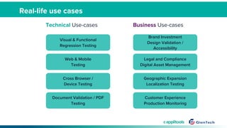 Technical Use-cases Business Use-cases
Web & Mobile
Testing
Visual & Functional
Regression Testing
Cross Browser /
Device Testing
Document Validation / PDF
Testing
Legal and Compliance
Digital Asset Management
Brand Investment
Design Validation /
Accessibility
Geographic Expansion
Localization Testing
Customer Experience
Production Monitoring
Real-life use cases
 