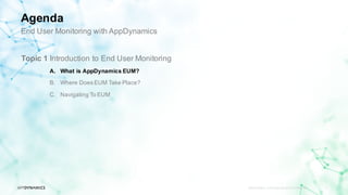 APPDYNAMICS CONFIDENTIAL AND PROPRIETARY 6
Topic 1 Introduction to End User Monitoring
A. What is AppDynamics EUM?
B. Where Does EUM Take Place?
C. Navigating To EUM
End User Monitoring with AppDynamics
Agenda
 