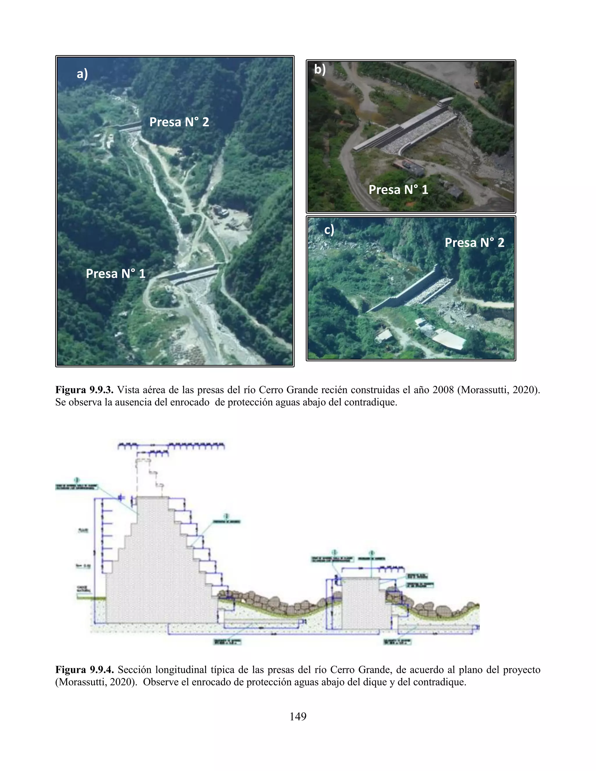 149
Figura 9.9.3. Vista aérea de las presas del río Cerro Grande recién construidas el año 2008 (Morassutti, 2020).
Se observa la ausencia del enrocado de protección aguas abajo del contradique.
Figura 9.9.4. Sección longitudinal típica de las presas del río Cerro Grande, de acuerdo al plano del proyecto
(Morassutti, 2020). Observe el enrocado de protección aguas abajo del dique y del contradique.
Presa N° 1
Presa N° 2
a)
c)
b)
Presa N° 1
Presa N° 2
 
