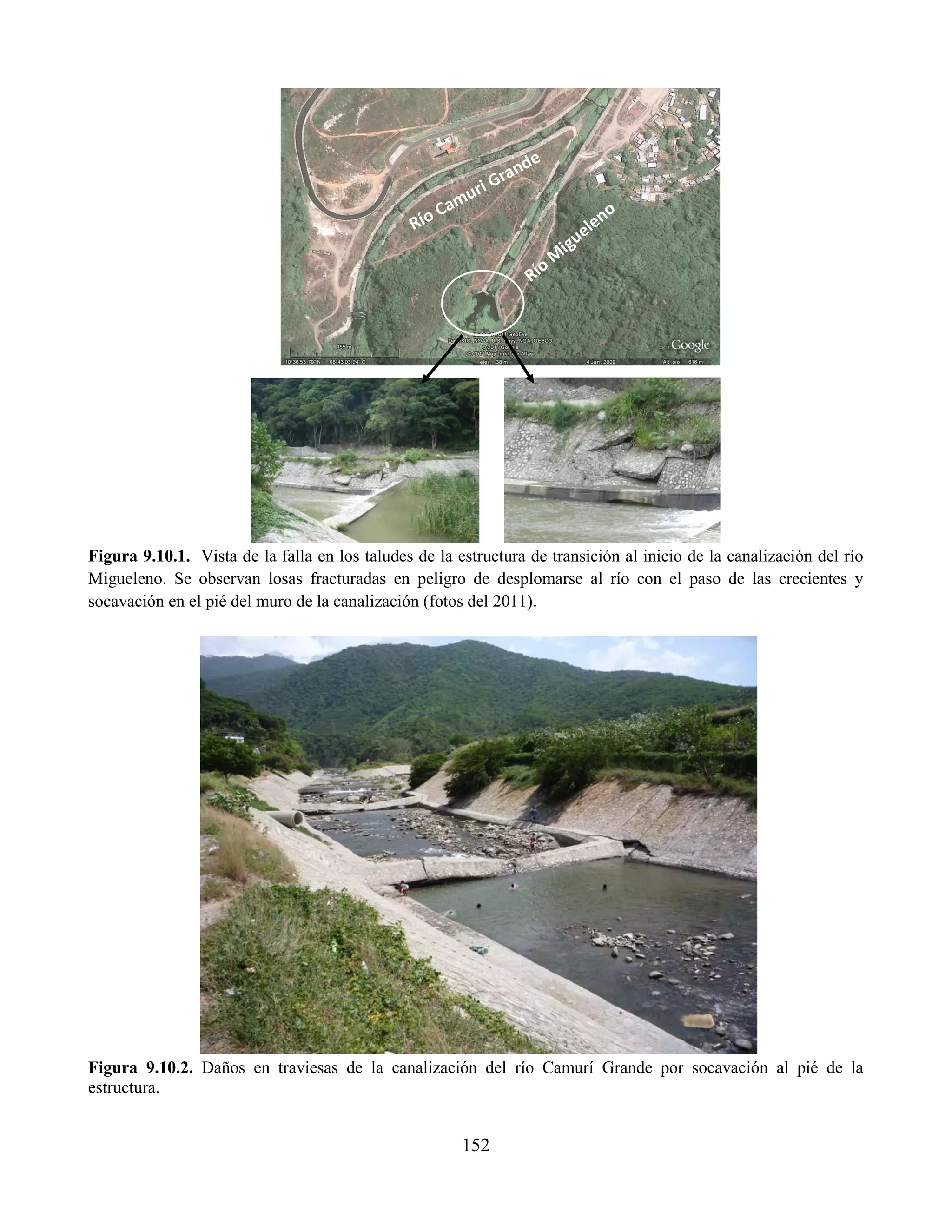 152
Figura 9.10.1. Vista de la falla en los taludes de la estructura de transición al inicio de la canalización del río
Migueleno. Se observan losas fracturadas en peligro de desplomarse al río con el paso de las crecientes y
socavación en el pié del muro de la canalización (fotos del 2011).
Figura 9.10.2. Daños en traviesas de la canalización del río Camurí Grande por socavación al pié de la
estructura.
 