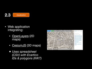 2.3
• Web application
integrating:

• OpenLayers (2D
maps)

• CesiumJS (3D maps)

• Uses spreadsheet
(CSV) with Ecartico
IDs & polygons (WKT)
visualization
 