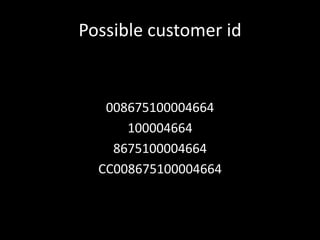 Possible customer id
008675100004664
100004664
8675100004664
CC008675100004664
 