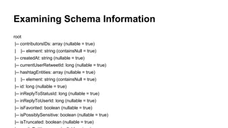 Examining Schema Information
root
|-- contributorsIDs: array (nullable = true)
| |-- element: string (containsNull = true)
|-- createdAt: string (nullable = true)
|-- currentUserRetweetId: long (nullable = true)
|-- hashtagEntities: array (nullable = true)
| |-- element: string (containsNull = true)
|-- id: long (nullable = true)
|-- inReplyToStatusId: long (nullable = true)
|-- inReplyToUserId: long (nullable = true)
|-- isFavorited: boolean (nullable = true)
|-- isPossiblySensitive: boolean (nullable = true)
|-- isTruncated: boolean (nullable = true)
 