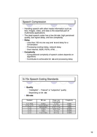 Speech Compression
Speech Compression

 Handling speech with other media information such as
 text, images, video, and data is the essential part of
 multimedia applications
 The ideal speech coder has a low bit-rate, high perceived
 quality, low signal delay, and low complexity.
 Delay
    Less than 150 ms one way end to end delay for a
                         -        - -
    conversation
    Processing (coding) delay, network delay
    Over Internet, ISDN, PSTN, ATM, …
 Complexity
    Computational complexity of speech coders depends on
    algorithms
    Contributes to achievable bit rate and processing delay
                                -




G.72x Speech Coding Standards
G.72x Speech Coding Standards


   Quality
      “intelligible” - >“natural” or “subjective” quality
      Depending on bit rate
                          -
   Bit-rate




                                                              16
 
