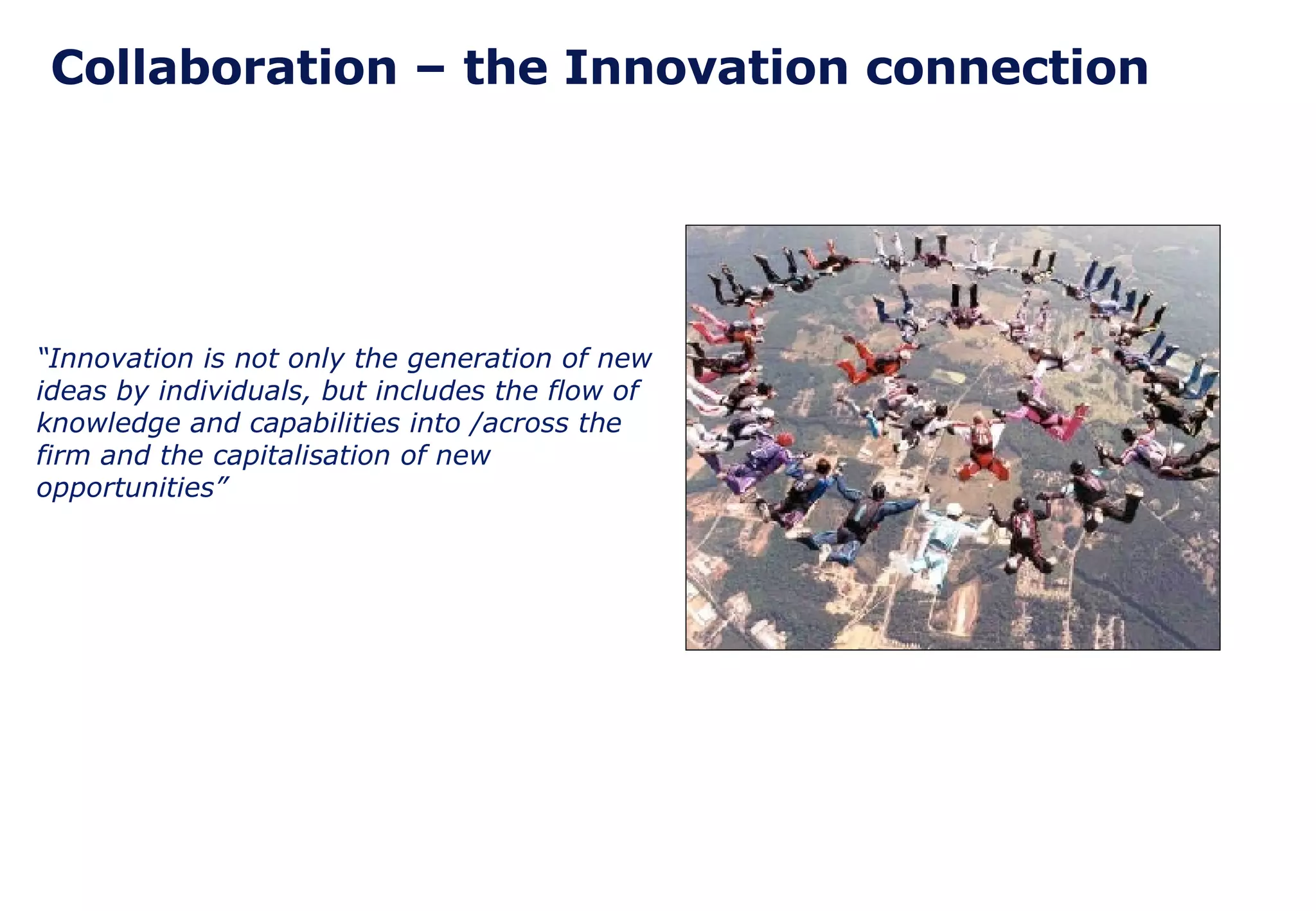 “ Innovation is not only the generation of new ideas by individuals, but includes the flow of knowledge and capabilities into /across the firm and the capitalisation of new opportunities” Collaboration – the Innovation connection 