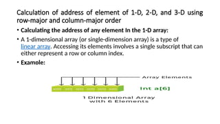 Calculation of address of element of 1-D, 2-D, and 3-D using
row-major and column-major order
• Calculating the address of any element In the 1-D array:
• A 1-dimensional array (or single-dimension array) is a type of
linear array. Accessing its elements involves a single subscript that can
either represent a row or column index.
• Example:
 