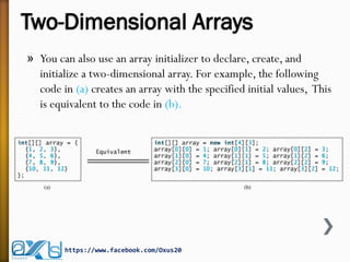 Two-Dimensional Arrays
» You can also use an array initializer to declare, create, and
initialize a two-dimensional array. For example, the following
code in (a) creates an array with the specified initial values, This
is equivalent to the code in (b).
https://www.facebook.com/Oxus20
 