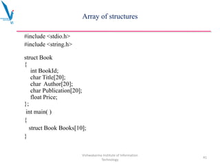 Array of structures
#include <stdio.h>
#include <string.h>
struct Book
{
int BookId;
char Title[20];
char Author[20];
char Publication[20];
float Price;
};
int main( )
{
struct Book Books[10];
}
Vishwakarma Institute of Information
Technology
41
 