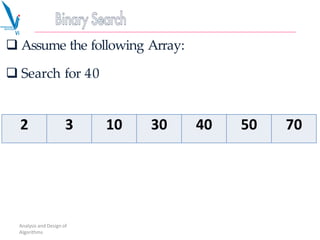  Assume the following Array:
 Search for 40
Analysis and Design of
Algorithms
2 3 10 30 40 50 70
 