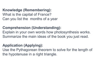 Knowledge (Remembering):
What is the capital of France?
Can you list the months of a year
Comprehension (Understanding):
Explain in your own words how photosynthesis works.
Summarize the main ideas of the book you just read.
Application (Applying):
Use the Pythagorean theorem to solve for the length of
the hypotenuse in a right triangle.
 