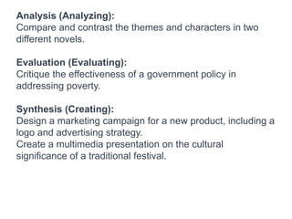 Analysis (Analyzing):
Compare and contrast the themes and characters in two
different novels.
Evaluation (Evaluating):
Critique the effectiveness of a government policy in
addressing poverty.
Synthesis (Creating):
Design a marketing campaign for a new product, including a
logo and advertising strategy.
Create a multimedia presentation on the cultural
significance of a traditional festival.
 