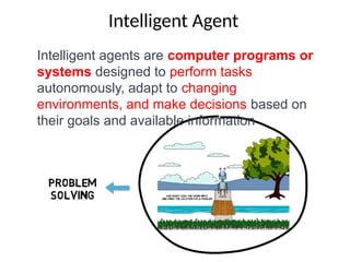Intelligent Agent
Intelligent agents are computer programs or
systems designed to perform tasks
autonomously, adapt to changing
environments, and make decisions based on
their goals and available information
 