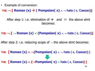 • Example of conversion:
x:  [ Roman (x)  ( Pompeian( x)   hate ( x, Caesar))]
After step 1: i.e. elimination of  and  the above stmt
becomes:
x:  [  Roman (x)  (Pompeian( x)   hate ( x, Caesar))]
After step 2: i.e. reducing scope of  the above stmt becomes:
x: [ Roman (x)  (Pompeian( x)   hate ( x, Caesar)) ]
x: [ Roman (x)  (Pompeian( x)  hate ( x, Caesar)) ]
54
 