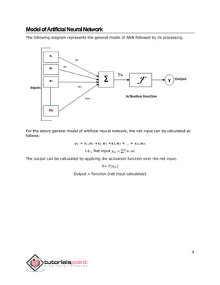 9
ModelofArtificialNeuralNetwork
The following diagram represents the general model of ANN followed by its processing.
For the above general model of artificial neural network, the net input can be calculated as
follows:
yin = x1.w1 +x2.w2 +x3.w3 + … + xm.wm
i.e., Net input 𝑦𝑖𝑛 = ∑ 𝑥𝑖. 𝑤𝑖𝑚
𝑖
The output can be calculated by applying the activation function over the net input.
Y= F(yin)
Output = function (net input calculated)
 