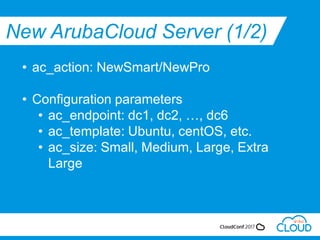 New ArubaCloud Server (1/2)
• ac_action: NewSmart/NewPro
• Configuration parameters
• ac_endpoint: dc1, dc2, …, dc6
• ac_template: Ubuntu, centOS, etc.
• ac_size: Small, Medium, Large, Extra
Large
 