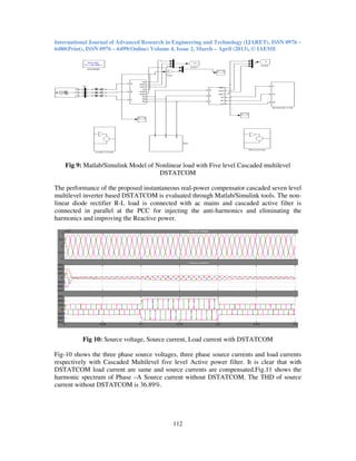International Journal of Advanced Research in Engineering and Technology (IJARET), ISSN 0976 –
6480(Print), ISSN 0976 – 6499(Online) Volume 4, Issue 2, March – April (2013), © IAEME
112
Fig 9: Matlab/Simulink Model of Nonlinear load with Five level Cascaded multilevel
DSTATCOM
The performance of the proposed instantaneous real-power compensator cascaded seven level
multilevel inverter based DSTATCOM is evaluated through Matlab/Simulink tools. The non-
linear diode rectifier R-L load is connected with ac mains and cascaded active filter is
connected in parallel at the PCC for injecting the anti-harmonics and eliminating the
harmonics and improving the Reactive power.
Fig 10: Source voltage, Source current, Load current with DSTATCOM
Fig-10 shows the three phase source voltages, three phase source currents and load currents
respectively with Cascaded Multilevel five level Active power filter. It is clear that with
DSTATCOM load current are same and source currents are compensated.Fig.11 shows the
harmonic spectrum of Phase –A Source current without DSTATCOM. The THD of source
current without DSTATCOM is 36.89%.
 