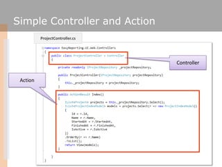 Simple Controller and Action
          ProjectController.cs




                                 Controller


 Action
 