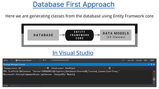 Database First Approach
Here we are generating classes from the database using Entity Framwork core
In Visual Studio
 