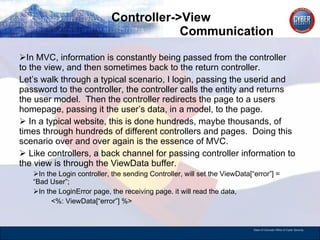 Controller->View  Communication In MVC, information is constantly being passed from the controller to the view, and then sometimes back to the return controller. Let’s walk through a typical scenario, I login, passing the userid and password to the controller, the controller calls the entity and returns the user model.  Then the controller redirects the page to a users homepage, passing it the user’s data, in a model, to the page.  In a typical website, this is done hundreds, maybe thousands, of times through hundreds of different controllers and pages.  Doing this scenario over and over again is the essence of MVC.  Like controllers, a back channel for passing controller information to the view is through the ViewData buffer. In the Login controller, the sending Controller, will set the ViewData[“error”] = “Bad User”; In the LoginError page, the receiving page. it will read the data,  <%: ViewData[“error”] %>  