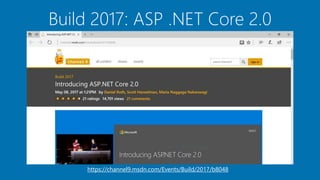 Build 2017: ASP .NET Core 2.0
https://channel9.msdn.com/Events/Build/2017/b8048
 