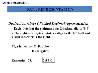 Objectives
DATA REPRESENTATIONDATA REPRESENTATION
Decimal numbers ( Packed Decimal representation)
- Each byte but the rightmost has 2 decimal digits (0-9)
- The right most byte contains a digit in the left half and
a sign indicator in the right
Sign indicator: C- Positive
D - Negative
Example: 753 - 7 5 3 C
Assembler/Session 1
 