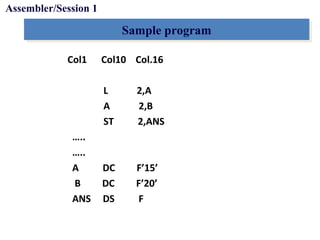Objectives
Col1 Col10 Col.16
L 2,A
A 2,B
ST 2,ANS
…..
…..
A DC F’15’
B DC F’20’
ANS DS F
Sample programSample program
Assembler/Session 1
 
