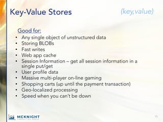 Key-Value Stores
Good for:
• Any single object of unstructured data
• Storing BLOBs
• Fast writes
• Web app cache
• Session Information – get all session information in a
single put/get
• User profile data
• Massive multi-player on-line gaming
• Shopping carts (up until the payment transaction)
• Geo-localized processing
• Speed when you can’t be down
(key,value)
15
 