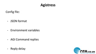 Agistress 
Config file: 
- JSON format 
- Environment variables 
- AGI Command replies 
- Reply delay 
 