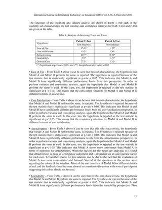 International Journal on Integrating Technology in Education (IJITE) Vol.3, No.4, December 2014
11
The outcomes of the reliability and validity analysis are shown in Table 4. For each of the
usability sub-characteristics the test statistics and confidence intervals for both T-test and F-test
are given in the table.
Table 4. Analysis of data using T-test and F-test.
Hypotheses
Paired T-Test Paired F-Test
Test Statistics Test Statistics
Ease of Use 15.0* 1.32*
User satisfaction 10.5* 1.30*
Attractiveness 20.7* 0.70*
Learnability 7.9* 1.37*
General Case 27.3* 1.32*
(*) Significant at p-value < 0.05, and (**) Insignificant at p-value > 0.05
• Ease of Use – From Table 4 above it can be seen that this sub-characteristic, the hypothesis that
Model A and Model B perform the same, is rejected. The hypothesis is rejected because of the
test statistic that is statistically significant at p-vale < 0.05. This indicates that Model A and
Model B have significantly different performance levels from this perspective. In order to
perform variance and consistency analysis, again the hypothesis that Model A and Model B
perform the same is used. In this case, too, the hypothesis is rejected as the test statistic is
significant at p < 0.05. This means that the consistency situation for Model A and Model B is
different in terms of ease of use.
• User Satisfaction – From Table 4 above it can be seen that this sub-characteristic, the hypothesis
that Model A and Model B perform the same, is rejected. The hypothesis is rejected because of
the test statistic that is statistically significant at p-vale < 0.05. This indicates that Model A and
Model B have significantly different performance levels from the user satisfaction perspective. In
order to perform variance and consistency analysis, again the hypothesis that Model A and Model
B perform the same is used. In this case, too, the hypothesis is rejected as the test statistic is
significant at p < 0.05. This means that the consistency situation for Model A and Model B is
different in terms of user satisfaction.
• Attractiveness – From Table 4 above it can be seen that this sub-characteristic, the hypothesis
that Model A and Model B perform the same, is rejected. The hypothesis is rejected because of
the test statistic that is statistically significant at p-vale < 0.05. This indicates that Model A and
Model B have significantly different performance levels from the attractiveness perspective. In
order to perform variance and consistency analysis, again the hypothesis that Model A and Model
B perform the same is used. In this case, too, the hypothesis is rejected as the test statistic is
significant at p < 0.05. This indicates that Model A shows more consistency than Model A in
terms of responses for attractiveness. When the reasons for this result are analyzed, it is found
that attractiveness is more of a subjective judgement and is dependent on an idiosyncratic factor
for each user. Yet another reason for this outcome can be due to the fact that the evaluation of
Model A was more concentrated and focused. Several of the questions in this section were
regarding the colour of the interface. Most of the user interface of Model B has different shades
of red, and the feedback from the users showed an aversion to the colour with several participants
suggesting this colour should not be used.
• Learnability – From Table 4 above it can be seen that for this sub-characteristic, the hypothesis
that Model A and Model B perform the same is rejected. The hypothesis is rejected because of the
test statistic that is statistically significant at p-vale < 0.05. This indicates that Model A and
Model B have significantly different performance levels from the learnability perspective. Thus
 