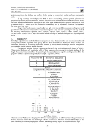 Computer Engineering and Intelligent Systems www.iiste.org
ISSN 2222-1719 (Paper) ISSN 2222-2863 (Online)
Vol.6, No.6, 2015
26
projection partitions the database and confines further testing to progressively smaller and more manageable
units.
A big advantage of FreeSpan over GSP is that it successfully confines pattern generation to
progressively smaller projected databases. This not only reduces the number of candidates to be checked at any
one time, but also limits candidate generation to only those items and known large-k patterns guaranteed to form
at least one large-k+1 pattern (even then the number of candidates may be substantial). However, FreeSpan also
has some non-trivial costs:
the growth of a subsequence is explored at any split point in a candidate sequence resulting in several
possible new subsequences. For example, a frequent subsequence {cd}1
and item b, could grow into any or all of
the following subsequences if present: <bcd>, <(bc)d>, <b(cd)>, <bdc>, <(bd)c>, <cbd>, <c(bd)>, <dbc>,
<d(bc)>, <cdb>, <(cd)b>, <dcb>. Even then, this is not the full range of possible subsequences if repeating items
occur.
1.4 PREFIXSPAN
PrefixSpan [2] utilizes the method of database projection to make the database for next pass much smaller and
consequently make the algorithm more speedy. The au- thors claimed that in PrefixSpan there is no need for
candidates generation. It recursively projects the database by already found short length patterns. This pattern
growth idea is similar to that in Apriori heuristic.
For example, with the frequent 1-sequence as the prefix, the projected database is shown in Table-1.
The projected databases only contain the suffix of these sequences, by scanning the projected database all the
length-2 sequential patterns that have the parent length-1 sequential patterns as prefix can be generated. Then the
projected database is partitioned again by those length-2 sequential patterns.
Table-1
prefixSpan Mining
The main cost of PrefixSpan is the projected database scanning process. In order to improve the performance a
bi-level projection method that uses the triangle S-Matrix is introduced. The main problem of PrefixSpan, is the
time consuming on scanning the projected database, which may be very large if the original dataset is huge.
 