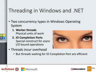 Threading in Windows and .NET
• Two concurrency types in Windows Operating
System
1. Worker threads
Physical units of work
2. IO Completion Ports
Special construct for async
I/O bound operations
• Threads incur overhead
• But threads waiting for IO Completion Port are efficient
 