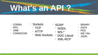Click to edit Master title style

What's an API ?
l
l
l
l

33

CORBA
RPC
ORB
COM/DCOM

l

l
Sockets
SOAP
l
l
TCP
WSDL
l
l
HTTP
WS-*
l
Web Sockets l DOC Literal
l
XML-RCP

l
l
l
l
l

BINARY
ASCII
POX
WS / Etc
JSON

 