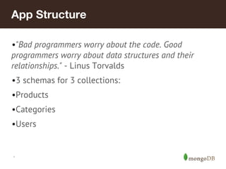 *
App Structure
•"Bad programmers worry about the code. Good
programmers worry about data structures and their
relationships." - Linus Torvalds
•3 schemas for 3 collections:
•Products
•Categories
•Users
 