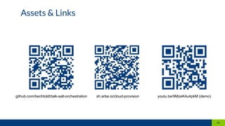 Assets & Links
26
sh.arbe.io/cloud-provision youtu.be/9MzeK4u4pkM (demo)github.com/bechtoldt/talk-salt-orchestration
 
