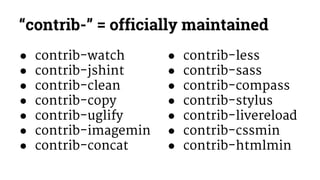 “contrib-” = officially maintained 
● contrib-watch 
● contrib-jshint 
● contrib-clean 
● contrib-copy 
● contrib-uglify 
● contrib-imagemin 
● contrib-concat 
● contrib-less 
● contrib-sass 
● contrib-compass 
● contrib-stylus 
● contrib-livereload 
● contrib-cssmin 
● contrib-htmlmin 
 