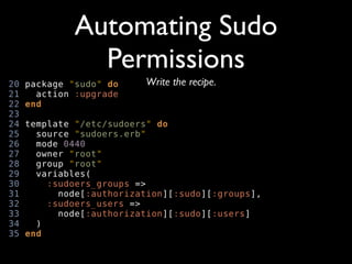 Automating Sudo
  Permissions
     Write the recipe.




        http://xkcd.com/149/
 