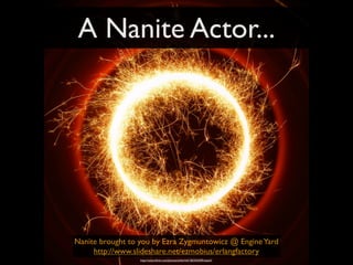 A Nanite Actor...




Nanite brought to you by Ezra Zygmuntowicz @ Engine Yard
     http://www.slideshare.net/ezmobius/erlangfactory
                  http://www.ﬂickr.com/photos/etherhill/182345209/sizes/l/
 