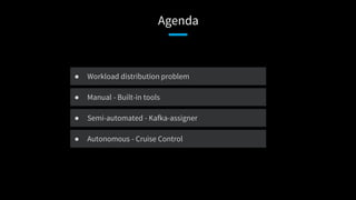 Agenda
● Workload distribution problem
● Manual - Built-in tools
● Semi-automated - Kafka-assigner
● Autonomous - Cruise Control
 