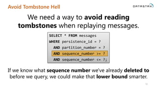 Avoid Tombstone Hell
52
We need a way to avoid reading
tombstones when replaying messages.
SELECT * FROM messages
WHERE persistence_id = ?
AND partition_number = ?
AND sequence_number >= ?
AND sequence_number <= ?;
AND sequence_number >= ?
If we know what sequence number we've already deleted to
before we query, we could make that lower bound smarter.
 