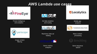 AWS Lambda use cases
Threat intelligence
and analytics
Ad data analytics
and routing
Mobile app
analytics
Image content
filtering
Real-time video ad
bidding
News content
processing
Game metrics
analytics
Gene sequence
search
 