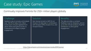 Case study: Epic Games
130
© 2020 Amazon Web Services, Inc. or its affiliates. All rights reserved.
Challenge
Needed a way to process and analyze
over 100 PB of data (125 million
events each minute) ingested from
game clients and game servers to
understand and adapt to player
engagement.
Solution
Epic Games turned to AWS for an
Amazon S3 data lake in combination
with Amazon EMR, Amazon EC2, and
Amazon Kinesis.
Benefits
The data provides a constant
feedback loop for designers, and an
up-to-the-minute analysis of gamer
satisfaction to drive gamer
engagement.
Continually improves Fortnite for 250+ million players globally
https://aws.amazon.com/solutions/case-studies/EPICGames/
 