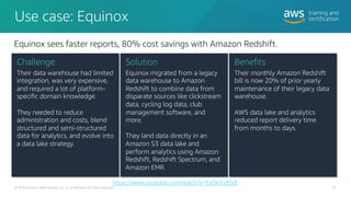 Use case: Equinox
64
© 2020 Amazon Web Services, Inc. or its affiliates. All rights reserved.
Challenge
Their data warehouse had limited
integration, was very expensive,
and required a lot of platform-
specific domain knowledge.
They needed to reduce
administration and costs, blend
structured and semi-structured
data for analytics, and evolve into
a data lake strategy.
Solution
Equinox migrated from a legacy
data warehouse to Amazon
Redshift to combine data from
disparate sources like clickstream
data, cycling log data, club
management software, and
more.
They land data directly in an
Amazon S3 data lake and
perform analytics using Amazon
Redshift, Redshift Spectrum, and
Amazon EMR.
Benefits
Their monthly Amazon Redshift
bill is now 20% of prior yearly
maintenance of their legacy data
warehouse.
AWS data lake and analytics
reduced report delivery time
from months to days.
Equinox sees faster reports, 80% cost savings with Amazon Redshift.
https://www.youtube.com/watch?v=EvDicFx9StE
 