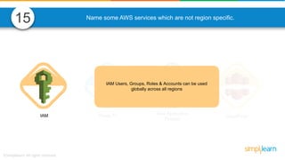 Name some AWS services which are not region specific.
IAM Route 53 Web Application
Firewall
CloudFront
IAM Users, Groups, Roles & Accounts can be used
globally across all regions
15
 