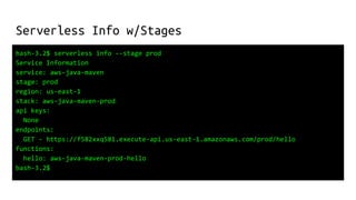 Serverless Info w/Stages
bash-3.2$ serverless info --stage prod
Service Information
service: aws-java-maven
stage: prod
region: us-east-1
stack: aws-java-maven-prod
api keys:
None
endpoints:
GET - https://f582xxq581.execute-api.us-east-1.amazonaws.com/prod/hello
functions:
hello: aws-java-maven-prod-hello
bash-3.2$
 
