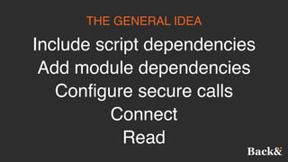 THE GENERAL IDEA
Read
Configure secure calls
Connect
Add module dependencies
Include script dependencies
 