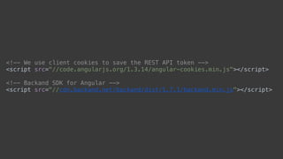 <!-- We use client cookies to save the REST API token --> 
<script src="//code.angularjs.org/1.3.14/angular-cookies.min.js"></script> 
 
<!-- Backand SDK for Angular --> 
<script src="//cdn.backand.net/backand/dist/1.7.1/backand.min.js"></script>
 