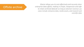 Offsite archive

Glacier allows you to cost-effectively and securely store
enterprise data offsite, making it simple, inexpensive and safe
to retain archived data for as long as desired. Common use
cases include enterprise data, media assets, and research and
scientific data

 