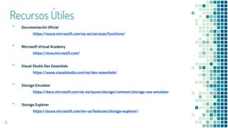 Recursos Útiles
19
▪ Documentación Oficial
https://azure.microsoft.com/es-es/services/functions/
▪ Microsoft Virtual Academy
https://mva.microsoft.com/
▪ Visual Studio Dev Essentials
https://www.visualstudio.com/es/dev-essentials/
▪ Storage Emulator
https://docs.microsoft.com/es-es/azure/storage/common/storage-use-emulator
▪ Storage Explorer
https://azure.microsoft.com/en-us/features/storage-explorer/
 
