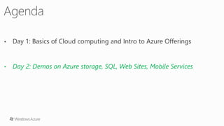 • Day 1: Basics of Cloud computing and Intro to Azure Offerings
• Day 2: Demos on Azure storage, SQL, Web Sites, Mobile Services
 